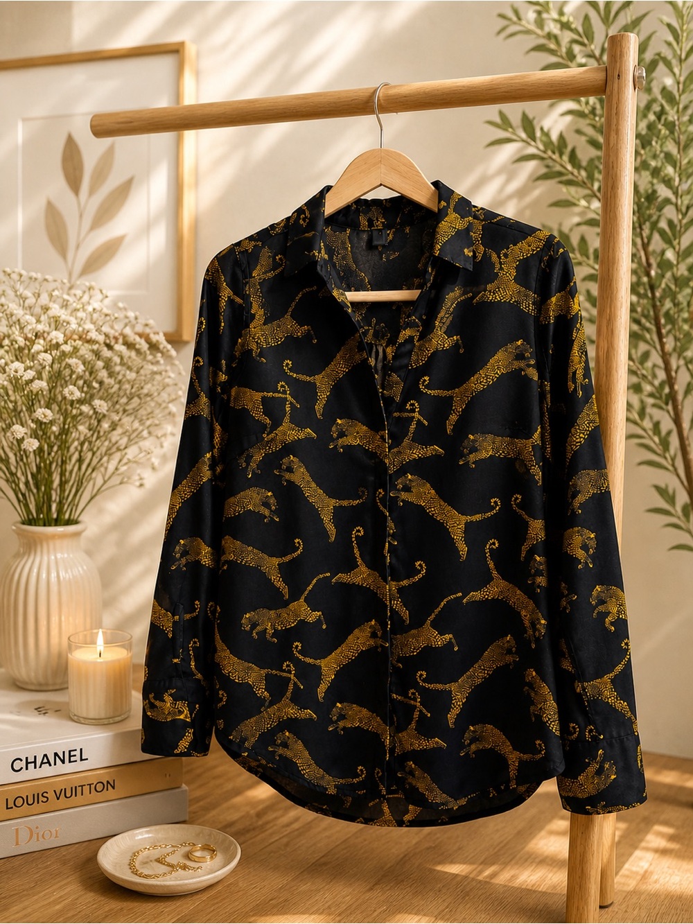 Black & Gold Leopard Print Button-Up Blouse – Chic Statement Top
